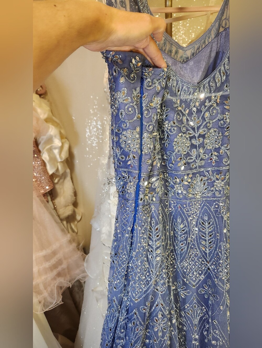 Stunning Luxe Periwinkle Sparkly Mirrored Anarkali Gown & Dupatta Set - Picture 13 of 13